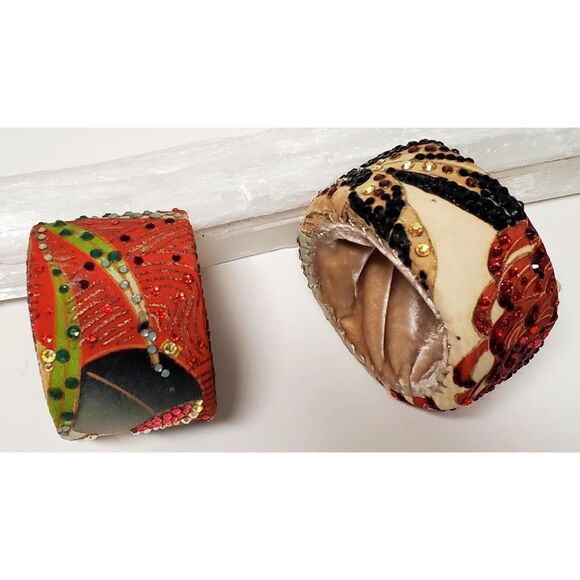 Lucy Notions 2 Wide Handmade VTG Silk Velvet Rhinestone Cuff Bracelets USA Boho - Picture 7 of 10